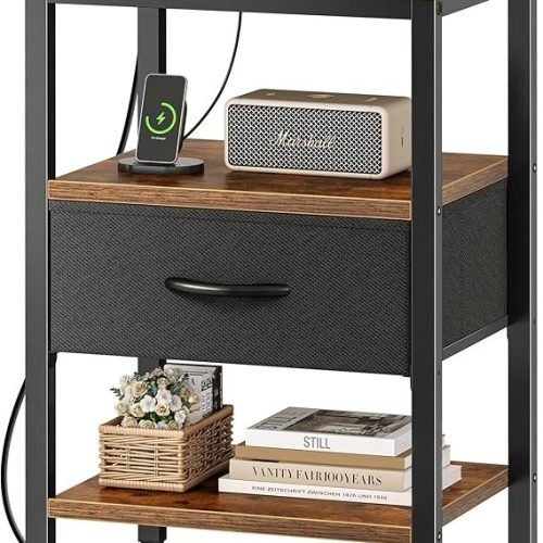 SUPERJARE Nightstand with Charging Station, Bed Side Table with Adjustable Fabric Drawer