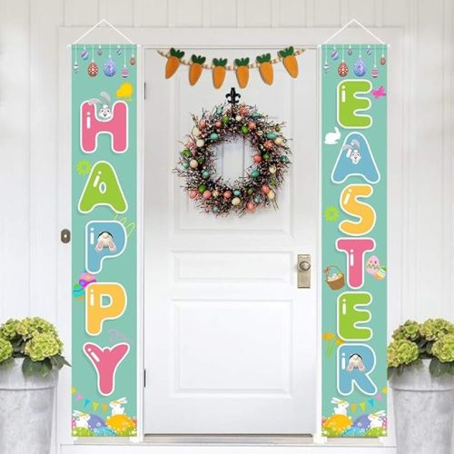 Easter Porch Sign, Happy Easter Theme Porch Sign with Bunny Egg Decoration