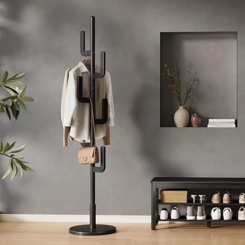KungFuWood Coat Rack, Solid Wood Cactus Coat Rack Stand, Freestanding Coat Rack with 6 L-shaped Hooks and 3 Adjustable Sizes