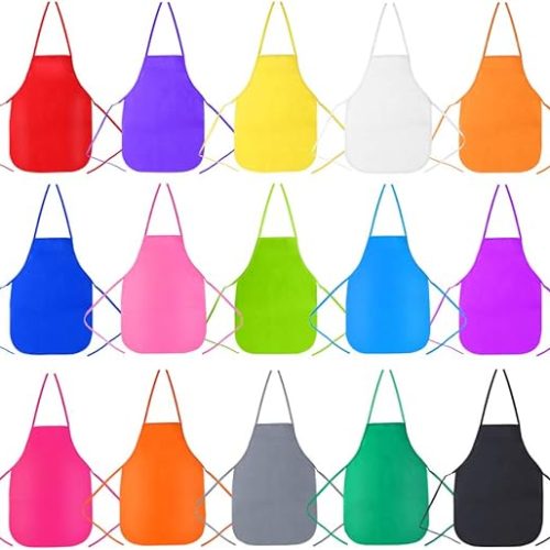 Caydo 15 Pieces Middle Size Kids Painting Apron for Ages 5 to 10, in Kitchen, Classroom, Community Event, Crafts and Art Painting Activity, 15 Colors