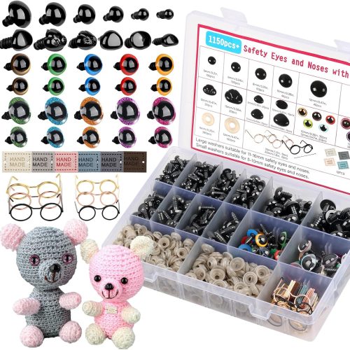 Funtopia 1150pcs Safety Eyes for Crocheting, 5mm-16mm Crochet Eyes and Noses for Stuffed Animals Doll, Colorful Glitter Doll Crochet Eye with Washers for Plush Animals DIY Crafts