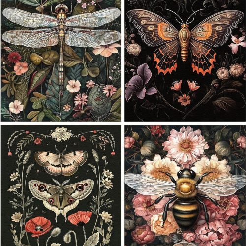 4 Pack Diamond Art Kits for Adults Beginners,Dragonflies, Butterflies, Moths, Bees Full Round Drill DIY Diamond Painting Kits,Paint by Diamonds Dot Gem Art Crystal Easy,Home Wall Decor 12x16Inch