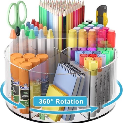 Acrylic Pen Holder for Desk, Acrylic Desk Organizer Clear, 360 Degree