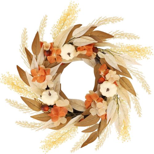 winemana Fall Wreath Decor Wreaths for Front Door Thanksgiving Indoor Decorations, 21.6 Inch Autumn Wreath with White Pumpkin for Table Home Outdoor Farmhouse Harvest Decor
