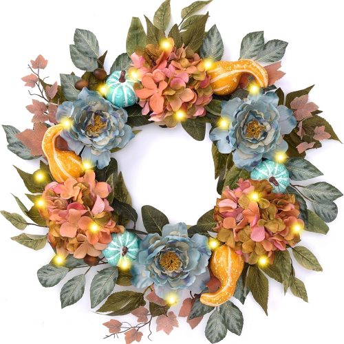 DecorbyHannah Fall Wreaths for Front Door, 24 Inch Collasible Fall Door Wreath with Lights, Autumn Floral Wreaths Decor with Peony Hydrangea and Pumpkins for Porch Wall Window Indoor Outdoor Use