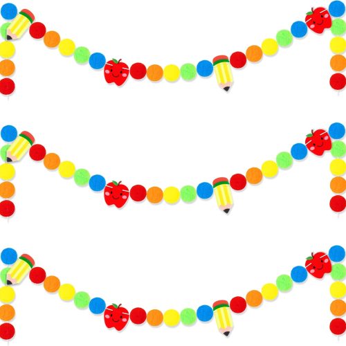 3Pcs Back to School Banner Garland Classroom Decorations - 8.2 Ft Felt Pencil Apple-Shaped Hanging Pompom Ball with Balloons for Welcome First Day of School Party Decor