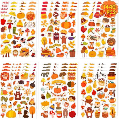 LINAYE 48 Sheets Fall Stickers for Kids, 1440 PCS Autumn Leaves Pumpkin Thanksgiving Stickers Crafts for Scrapbooking,Water Bottles,Envelopes Party Favors for Kids