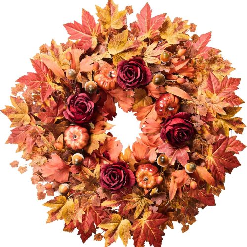 26'' Large Fall Wreath for Front Door, Autumn Wreaths for Outdoor Home Decor - Farmhouse Wreath with Maple Leaves, Pumpkins, Roses, Thanksgiving Decoration, Rustic Harvest Festival Door Hanging