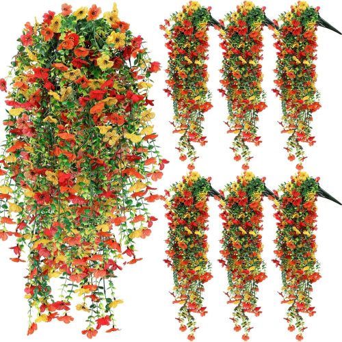6 Pcs Artificial Fall Hanging Flowers Outdoor Silk Mum Plants Autumn Decor Faux Violet with Eucalyptus Realistic UV Resistant Trailing Vine Thanksgiving Porch Yard(Bright Color,Violet)