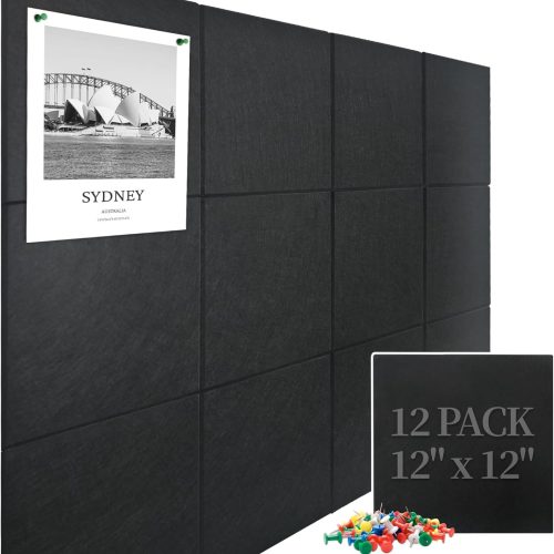 Large Cork Board Felt Wall Tiles, 47"x35" 12 Pack Felt Bulletin Board Pin Board with 48 Safe Removable Adhesive Tabs, 60 Push Pins, Alternative Cork Board for Walls Home Office