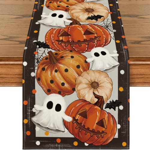 Artoid Mode Jack-O'-Lantern Pumpkin Ghost Spider Web Halloween Table Runner,Holiday Kitchen Dining Table Decoration for Home Party Decor 13 x 72 Inch