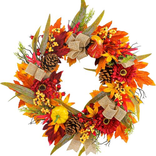 Fall Wreath for Front Door, 24" Large Artificial Autumn Wreath Fall Door Wreaths for Outside Farmhouse Pumpkin Thanksgiving Wreaths with Bow for Harvest Thanksgiving Halloween Outdoor Indoor Decor