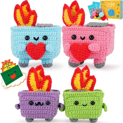 Crochet Kit for Beginners - 4PCS Dumpster Fire Complete Crochet Starter Kit with Step-by-Step Video Tutorials, Beginner Crochet Kits for Adults Kids Women, Funny Crochet Gifts