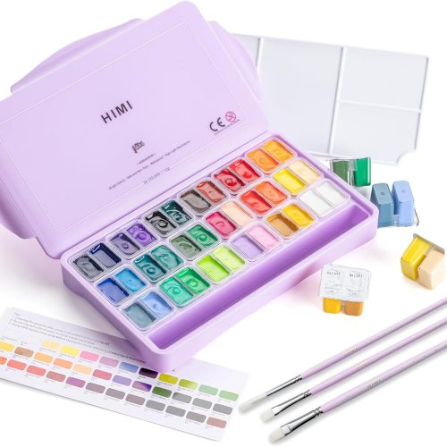 Twin Cup Jelly Gouache Paint Set with 3 Paint Brushes, 36 Colors 12g, Jelly Cup Design, Non Toxic Paint for Canvas and Paper, Art Supplies for Professionals (Purple Case)