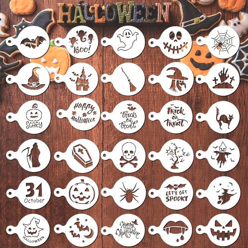 30 Pieces Halloween Cookie Stencils Reusable Small Halloween Stencils Coffee Templates DIY Baking Painting Craft Dessert Mold Tool for Christmas Wood Pumpkin Sign Card Making