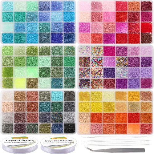 57600pcs 2mm Glass Seed Beads Small Craft Beads for DIY Bracelet Necklaces Crafting Jewelry Making Supplies with Beading Needles Elastic Strings (144 Colors, 400Pcs Per Color)