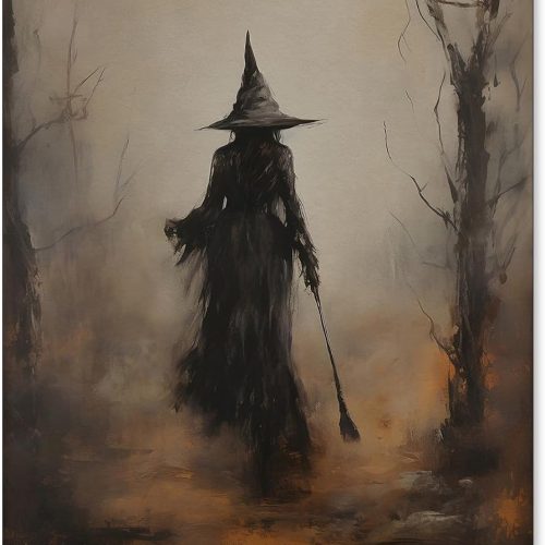 Vintage Rustic Witch Posters Halloween Canvas Wall Art Witch in The Forest Painting Prints Goth Dark Moody Wall Decor for Living Room Bedroom 12x16inch Unframed