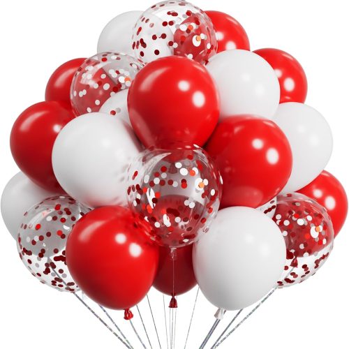 Metallic Red and White Balloons 12Inch 73PCS White Red Confetti Latex Balloons Shiny Helium Balloon Set for Birthday Anniversary Graduation Party Decorations
