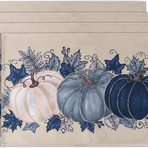 Fall Thanksgiving Placemats Set of 4,Buffalo Plaid Blue Vintage Pumpkin Maple Leaf Decorative Autumn Harvest Farmhouse Place Mat for Kitchen Dining Home Party Decoration 12x18 Inch