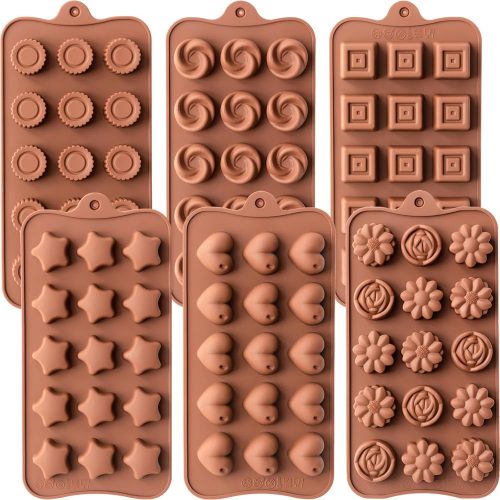 6 Pack Chocolate Molds Candy Molds Silicone, Food-Grade Non-Stick Jello Mold, Crayon Mold, Silicone Baking Mold, BPA Free, including Flower, Heart, Star, Round, Square, Whirlpool