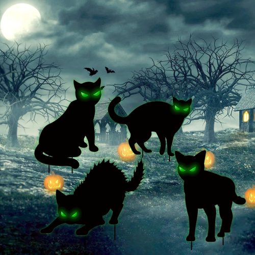 Halloween Decorations Black Cat Yard Signs,4Pcs Black Cat Yard Sign With Stakes Scary Cat Silhouette &Glow In Dark Eyes Stickers Halloween Outdoor Outside Decor For Garden Lawn Grave Party Home Supply