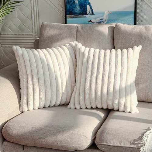 2 Faux Fur Plush Decorative Throw Pillow Covers Fuzzy Striped