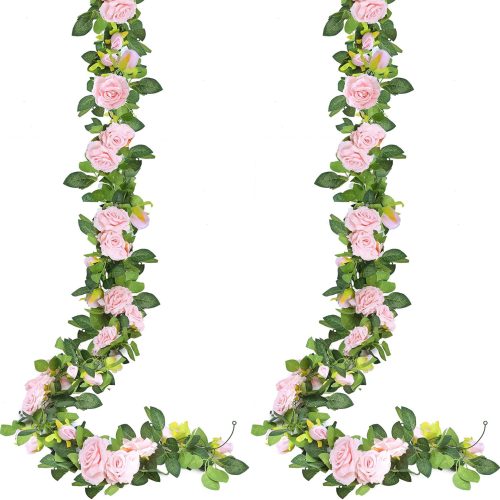 2Pcs 15.5Ft Artificial Rose Vine Fake Flower Garland Floral Garland Faux Silk Hanging Vine Rose Ivy Vines for Wedding Arch Party Wall Garden Ceremony Background Outdoor Decor (Pink)