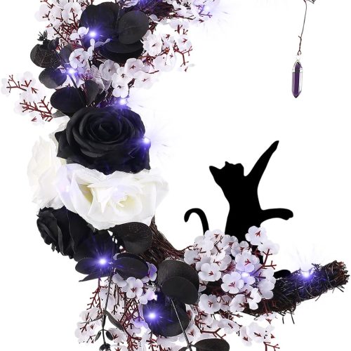 Halloween Wreaths for Front Door with Lights, Moon Black Cat Wreaths with Rose Flower Door Wreath Garland Halloween Decorations for Outdoor Indoor Wall Window Home Party