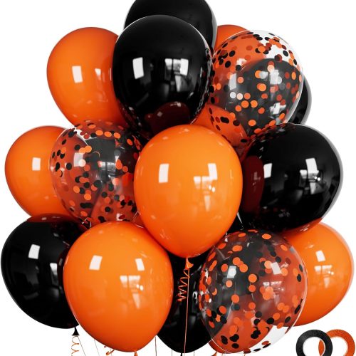 Orange and Black Balloons 50 Pack 12 Inch Black Orange Confetti Balloon Halloween Latex Party Balloons with 2 rolls of ribbon for Halloween Birthday Party Decorations