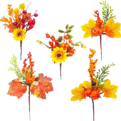 5 Pcs Fall Stems Artificial Berry Picks Artificial Flowers Mum Autumn Fall Floral Picks with Maple Leaves Pumpkins Sunflower Harvest Branches for Thanksgiving Halloween Wreaths Decor