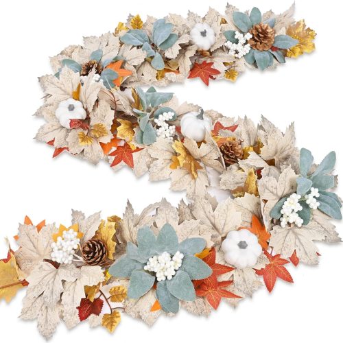 Fall Decor, Fall Garland, 5.9Ft Autumn Maple Leaves Pumpkin Garland, Thanksgiving Halloween Harvest Decorations for Home Outdoor Indoor Mantle Table Fireplace Farmhouse