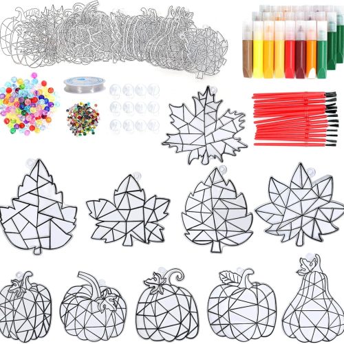 30 Sets Fall DIY Window Art Suncatcher Paint Kit,Autumn Leaf Pumpkin Suncatchers Ornaments Decorations,Paint Your Own Suncatcher Kit for Kids Classroom Thanksgiving Art Project Activity