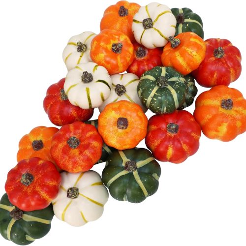 24 Pcs Assorted Small Rustic Harvest Artificial Pumpkins Baby Boo Mini Pumpkins Faux Foam Pumpkins in Orange Cream Green for Fall Halloween Thanksgiving Table Centerpiece Bowl Vase Fillers