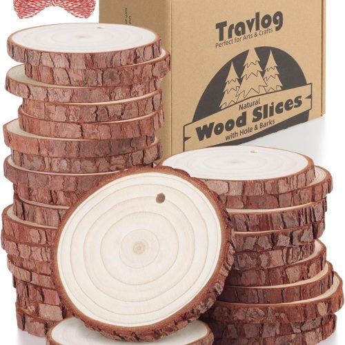 Unfinished Wood Slices with Hole, Natural Wood Circles Blank with Bark for DIY Crafts, Home Decor, Christmas Ornament (30Pcs, 2.4-2.8 Inch)