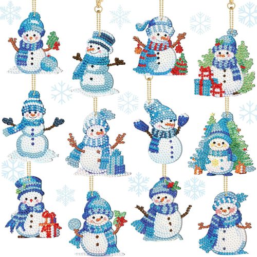 12 Pcs Diamond Art Christmas Ornaments Snowman Diamond Painting Kit 5d DIY Art Keychains Winter Hanging Ornaments for Kids Winter Home Crafts Decorations(Blue)