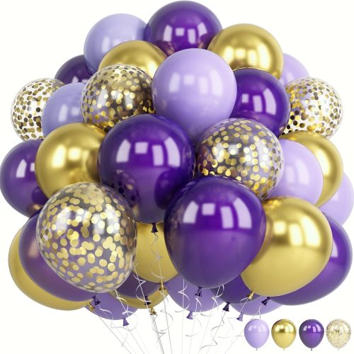 60 PCS Purple & Gold Balloons Set with Gold Confetti for Purple Birthday Party & Bridal Shower Decorations