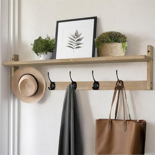 SwallowLiving Modern 29" Wall-Mounted Coat Hooks with Shelf and 5 Double Metal Hooks