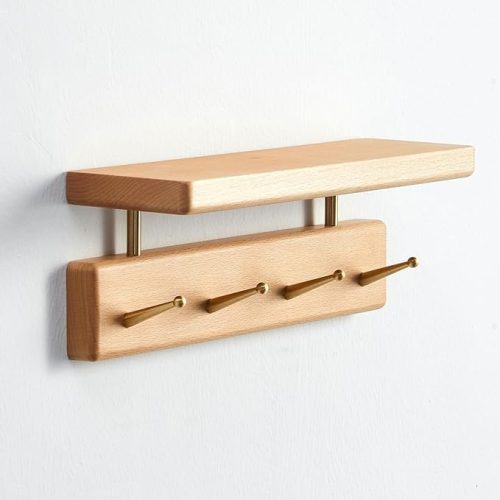 Mayhas Solid Wood Shelf with Hooks, Coat Rack Wall Mount, Shelves with 4 Brass Hooks