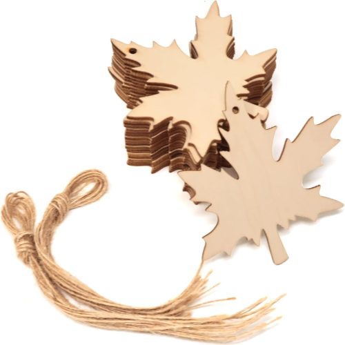 20PCS Maple Leaves Wooden Hanging Ornaments Fall Leaf Unfinished Blank Wood Pieces Wood Slices Wood Chips Embellishments Wooden Gift Tags for Home Party Decoration - with Twine