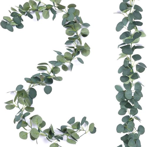 2 Pack Artificial Eucalyptus Garland Faux Silk Leaf Silver Dollar Eucalyptus Leaves Vines Handmade Garland Greenery Wedding Backdrop Indoor Outdoor Arch Wall Decoration