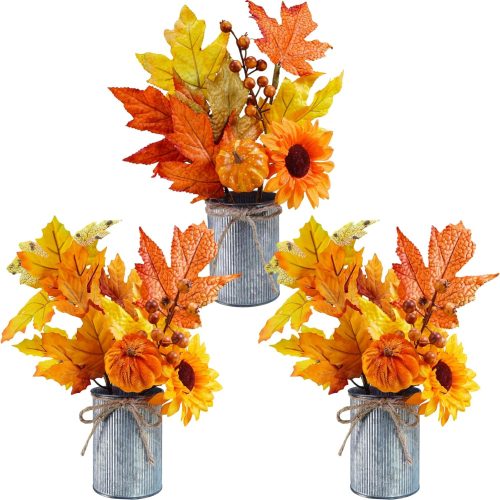 3 Pack Fall Faux Potted Plants Rustic Thanksgiving Floral Arrangements Artificial Fall Harvest Maple Leaf Picks in Metal Pots for Kitchen Home Autumn Wedding Table Centerpieces Mantel Decor