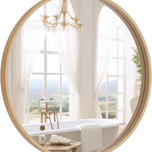 Round Wood Mirror 24 inch Circle Wall Mirror for Bathroom