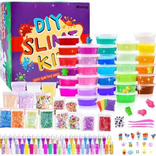 Slime Supplies Kit, 135 Pack Slime Making Kit 30 Crystal Slime, Glitter Jars, Charms, Sugar Paper, Foam Beads, Fishbowl Beads, Toy Cups, Slices, Air Dry Clay and Tools for Kids Girls by WINLIP