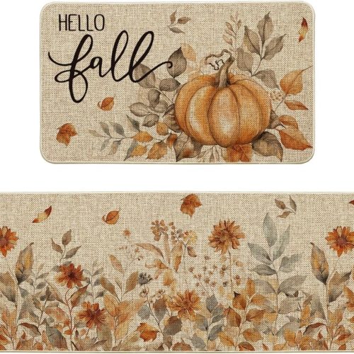 Artoid Mode Pumpkin Sunflowers Hello Fall Kitchen Mats Set of 2, Autumn Home Decor Low-Profile Kitchen Rugs for Floor - 17x29 and 17x47 Inch