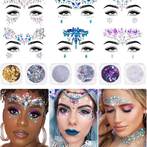 Face Jewels and Body Glitter - Face Gems, Mermaid Face Jewels Stick On, Holographic Cosmetic Face Glitter, for Festival Holiday Costumes & Halloween Alien Makeup, 12 Pcs
