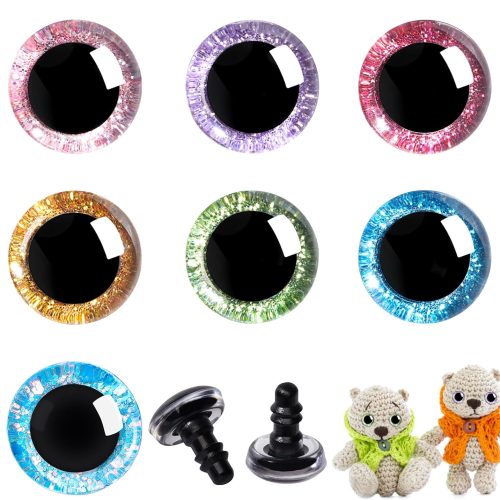 52pcs 35mm 3D Glitter Plastic Safety Eyes for Amigurumi Trapezoid Craft Crochet Doll Eyes with Washers Stuffed Animal Eyes for DIY of Puppet, Bear Plush Animal Halloween Decorations(7 Colors)