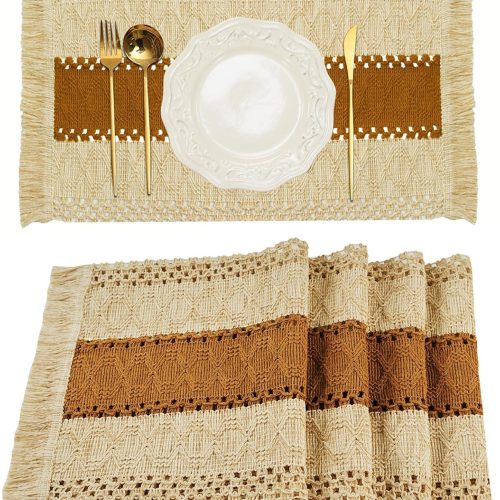 Boho Placemats Set of 4, Macrame Table Decor and Farmhouse Style Placemats Natural Cotton Burlap, for Dining Table, Caramel
