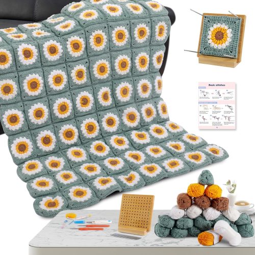 Crochet Kit for Beginners Blankets- Granny Square,DIY Starter Kit with Easy Yarn, Blocking Board,Patterns & Video Tutorial, Easy Knitting Kit for Beginner Craft Gift for Adults and Teens