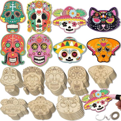 48-Piece Day of The Dead Sugar Skull Craft Kit - Unfinished Wooden Ornaments - DIY Paint & Hang - Adults