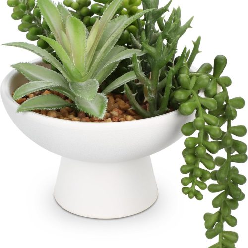 7.5” Small Succulents Plants Artificial in Ceramic Pots Potted Faux Succulent Arrangement with High Bowl Planter Fake Desk Succulents Plants for Home Bathroom Shelf Table Indoor Decor